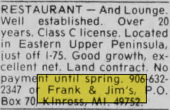 Frank & Jims Restaurant - Nov 23 1984 Article
